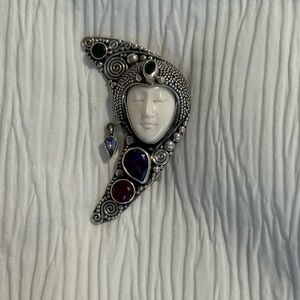 Balinese 925 Sterling Silver Moon Face Pendant/Brooch with Genuine Gemstones NWT